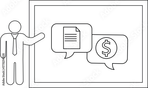 A presenter stands next to a screen showing a document and dollar sign in speech bubbles