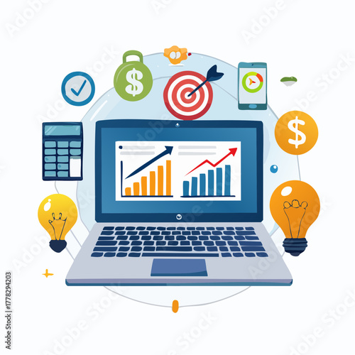 Business Success Laptop, Graph, Light Bulb, Coin, Target Illustration