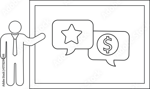 A stick figure presents a screen with chat bubbles one star one dollar sign