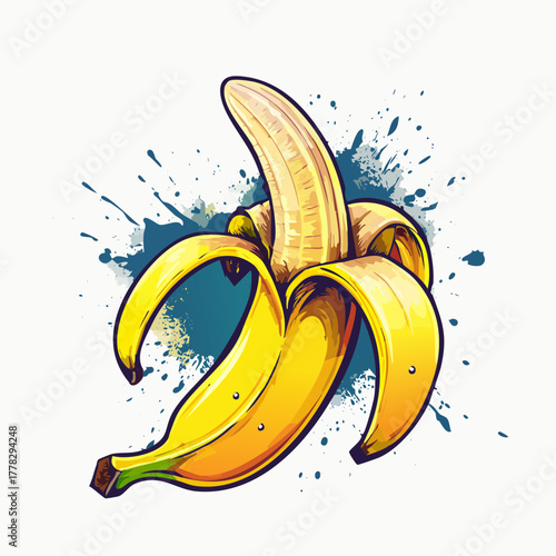 A vibrant, partially peeled banana illustrated in a graphic style with blue paint splatters against a white background