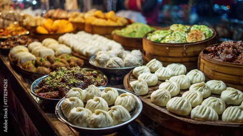 A vibrant display of various Asian street foods, featuring trays of steamed dumplings (baozi), buns, and other dishes in bamboo steamers and bowls at a bustling night market