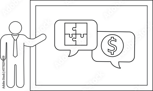 Figure presents a board with jigsaw puzzle  dollar sign speech bubbles in a white frame