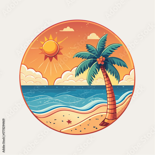 A delightful cartoon illustration capturing the essence of a tropical beach holiday, featuring a vibrant palm tree swaying by the sparkling blue ocean under a bright, sunny sky with fluffy clouds