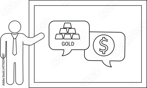 Image shows a figure pointing to a screen depicting gold and a dollar sign within speech bubbles