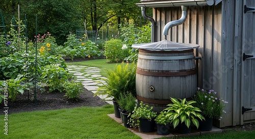 Rainwater harvesting barrel in a lush garden setting.