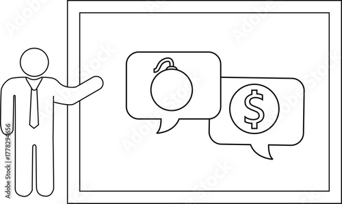 Man presenting a board with a bomb  dollar sign in speech bubbles