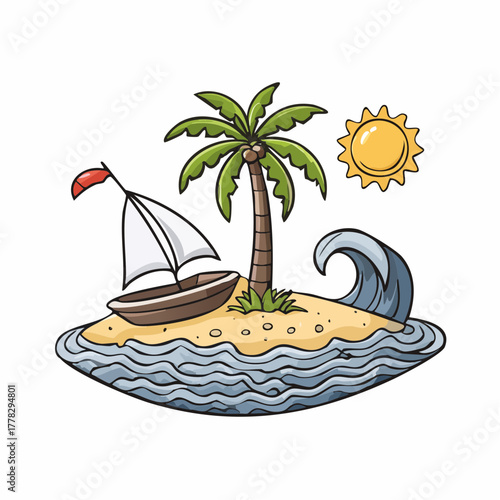 Island Getaway A Charming Illustration of a Tropical Paradise with a Boat, Palm Tree, and Sunny Skies