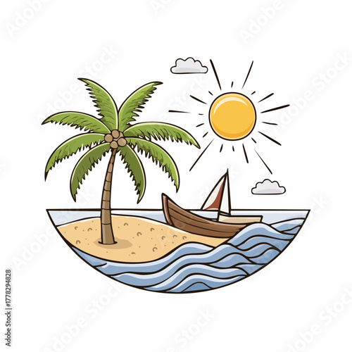 Vibrant cartoon illustration of a tranquil tropical island paradise, showcasing a palm tree, sandy beach, sailboat, and shining sun, perfectly capturing the essence of an ideal summer vacation concept