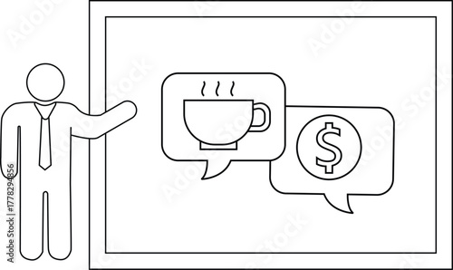 Outline image person presents coffee  money on a board