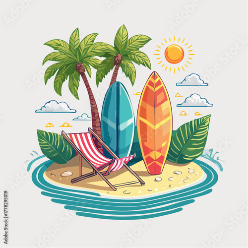 Stylized illustration of a serene tropical paradise island with surfboards, a beach chair, and palm trees under a sunny sky