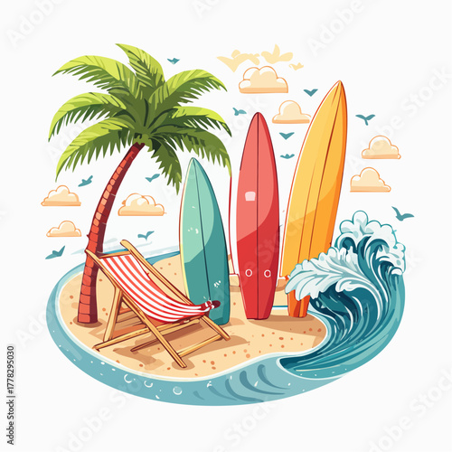 Tropical Beach Scene with Surfboards, Palm Tree and Deck Chair