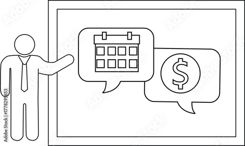 Person presents calendar  money icons on board