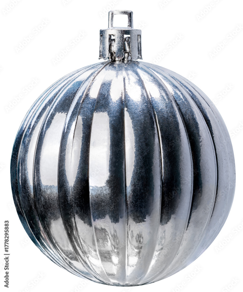 Fototapeta premium Shiny Silver Christmas ball ornament isolated on white background with clipping path. Festive decoration for Christmas tree and holiday celebration PNG File.