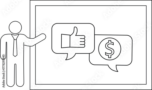 Presenter stands beside a board with thumbs up and dollar sign icons in speech bubbles