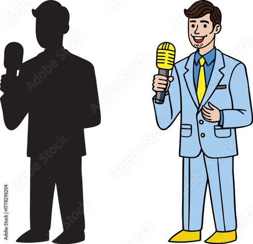 Confident cartoon announcer holding microphone ready to present, ideal for media, events, or entertainment concepts, featuring a shadow version too