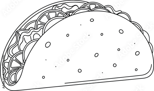 Simple black and white line drawing illustration of a delicious taco with filling