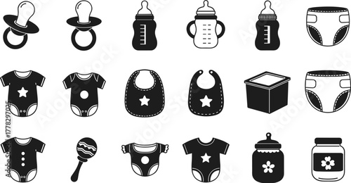 Baby care silhouette vector illustration, infant product icons set, pacifier, bottle, diaper, onesie, bib, rattle, baby food, minimalist style graphic