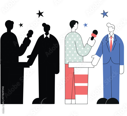 Dynamic political debate with patriotic symbolism, capturing election energy and civic engagement in a bold, modern style for impactful visual storytelling