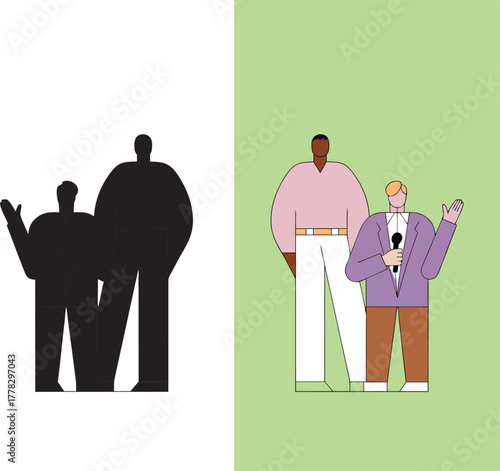 Dynamic speakers addressing audience with confidence and charisma, symbolizing leadership and diverse perspectives in a vibrant, modern presentation style