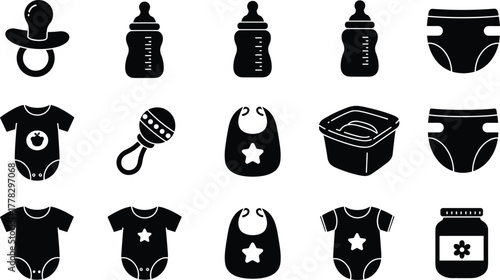 Baby care silhouette vector illustration, infant product icons set, pacifier, bottle, diaper, onesie, bib, rattle, bathtub, baby food, minimalist design