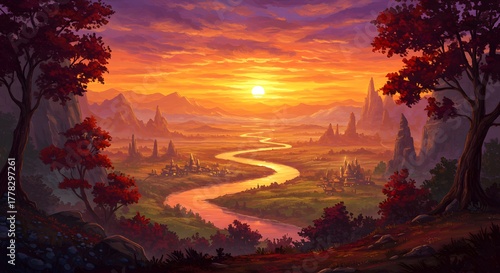 A breathtaking fantasy landscape at sunset with a winding river flowing through a valley, framed by vibrant trees and distant mystical spires.