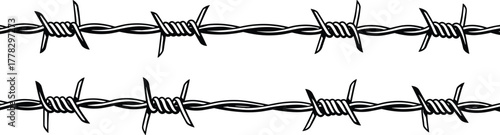 Barbed wire vector illustration, security fence design, sharp twisted wire artwork, boundary protection element, prison fence symbol, dangerous metal wire silhouette graphic