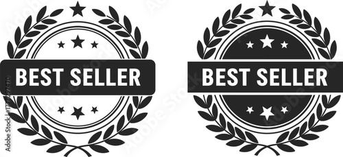 Best seller badges vector, award emblem illustration, laurel wreath design, marketing promotion icons, product recognition symbol, achievement graphic, black minimal artwork set