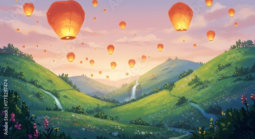 Numerous glowing sky lanterns ascend over a serene landscape of rolling green hills, a distant waterfall, and a vibrant sunset sky, creating a magical and peaceful scene.