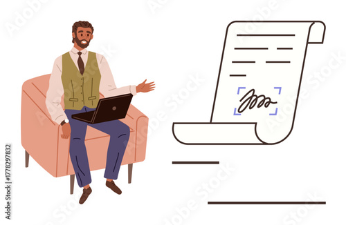 Man in business attire with laptop beside an illustrated digital document with signature. Ideal for remote work, digital approval, contract signing, online documentation, business interaction
