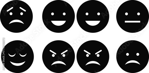 Black circular emoji faces vector set, expressive emotions illustration, happy sad angry neutral confused peaceful faces, simple graphic icons, emotional expression collection