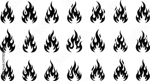 Black flame icons, stylized fire symbols, vector burning shapes, abstract fire silhouettes, unique flame designs, minimal fire artwork, graphic elements for logo, digital illustration set
