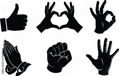 Black hand gesture silhouettes, vector communication signs, thumbs up icon, heart hands symbol, ok sign, praying hands, clenched fist, open palm illustration
