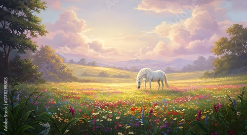 A majestic white horse grazes peacefully in a sun-drenched, colorful wildflower meadow at golden hour, surrounded by lush green hills and a serene sky.