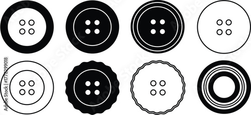 Button vector illustration set, sewing accessory icons, fashion clothing design elements, round buttons with four holes, tailoring graphic template, garment symbol collection