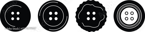 Button silhouette vector illustration, sewing accessory icons set, black and white circular designs, fashion textile elements, clothing detail symbols, minimalist style graphic