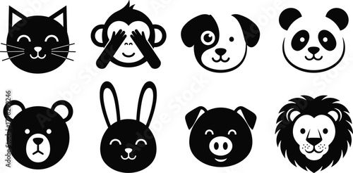 Cartoon animal faces, black and white vector icons, cute cat dog panda rabbit pig lion bear monkey illustrations, simple children design elements