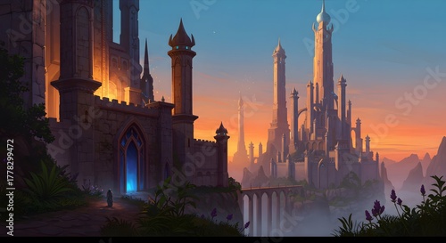 A breathtaking fantasy castle city with towering spires and glowing archway at sunset, nestled in a mystical landscape.