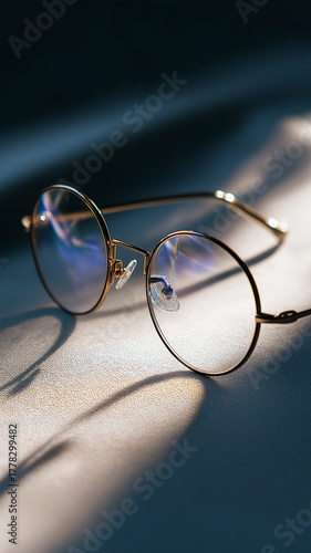 Round metal eyeglasses with thin full rim silver frame and clear lenses rest on textured surface, casting soft shadows. elegant design reflects light beautifully, creating serene atmosphere