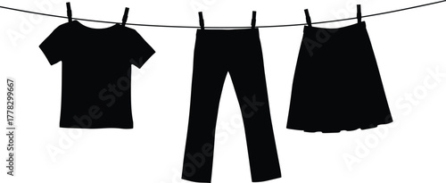 Clothesline silhouette vector illustration, hanging shirt, pants, skirt with clothespins, laundry drying concept, household chore design, eco friendly lifestyle graphic