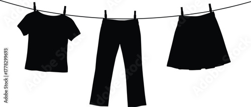 Clothesline silhouette vector illustration, hanging shirt, pants, skirt with clothespins, laundry drying concept, household chore design, eco friendly lifestyle graphic