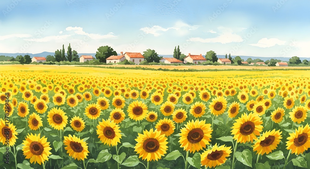Fototapeta premium A vibrant panoramic view of a vast sunflower field stretching towards a charming European village under a bright blue summer sky.