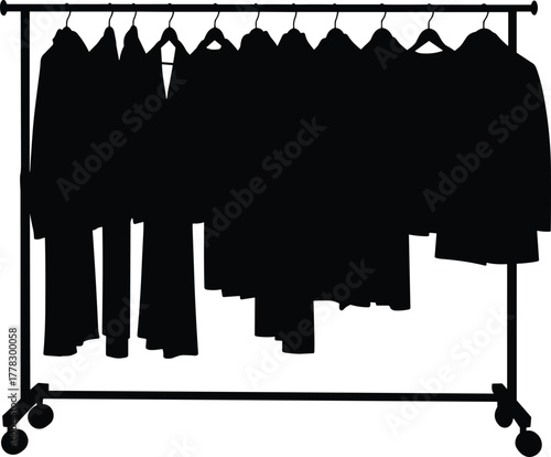 Clothing rack silhouette vector illustration, hanging jackets, coats, pants on hangers, retail fashion display design, garment storage concept, minimalist style black graphic