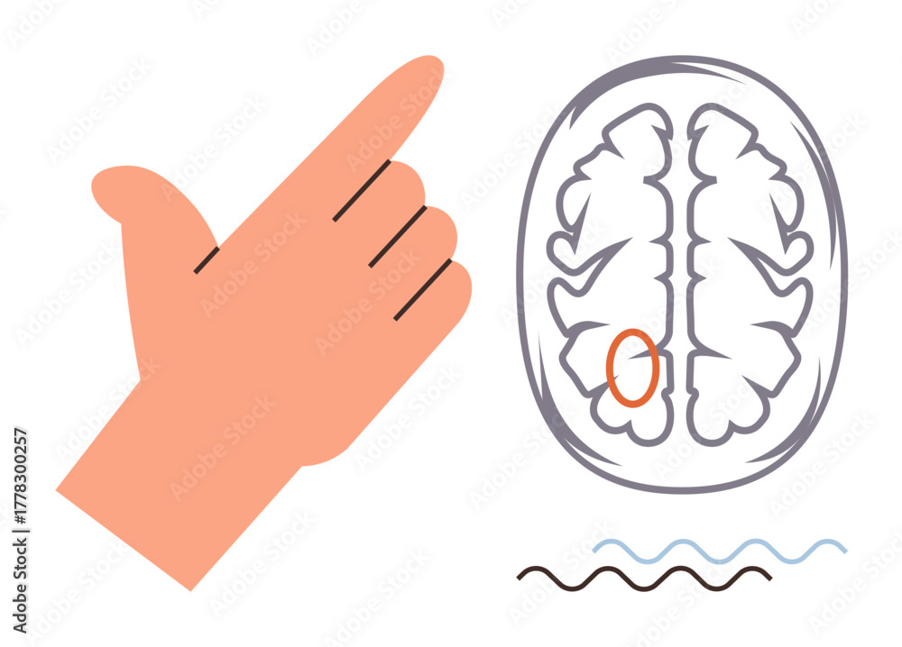 Fototapeta premium Hand making a gesture near a simplified brain sketch with a marked region. Ideal for neuroscience, cognition, brain mapping, learning, behavior analysis, communication, simple flat metaphor
