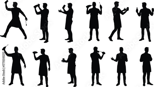 Cooking person silhouettes with utensils, chef in apron vector, kitchen activity poses, culinary art illustration, food preparation design, restaurant worker clipart set