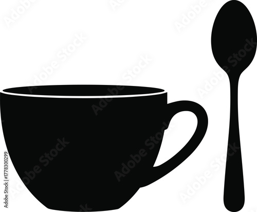 Cup and spoon silhouette vector illustration, black kitchenware icon, hot drink coffee tea cup with handle, simple dining utensil design, beverage symbol
