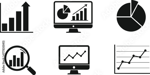 Data analysis vector icons set, business statistics illustration, bar chart pie chart line graph computer monitor magnifying glass, financial growth analytics design