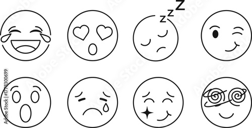 Emoji face vector illustration, expressive cartoon emotions set, happy sad love surprised confused playful sleeping faces, digital communication icons, colorful emoticon collection