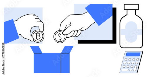 Hands exchanging coins into box, medicine bottle, calculator in simple graphic style. Ideal for finance, charity, healthcare, technology, budget, e-commerce crowdfunding simple flat metaphor