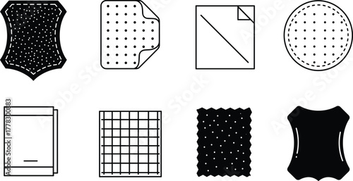 Fabric swatch vector set, textile material icons collection, leather cloth mesh woven embroidered fabric samples, black and white illustration, fashion design elements