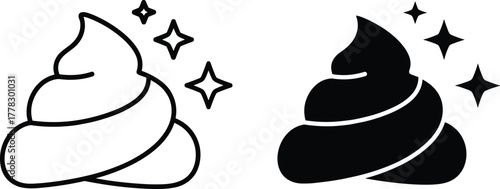Funny poop emoji vector illustration, cartoon swirl icon, clean sparkle design, humor symbol, black silhouette, isolated style, comic character art